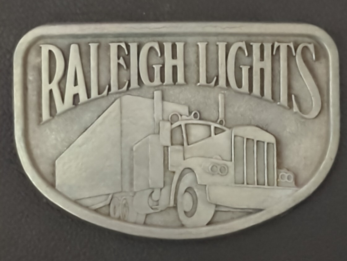 Vtg Raleigh Lights Belt Buckle Semi Truck 18 Wheeler Pewter Tobacco Cigarettes