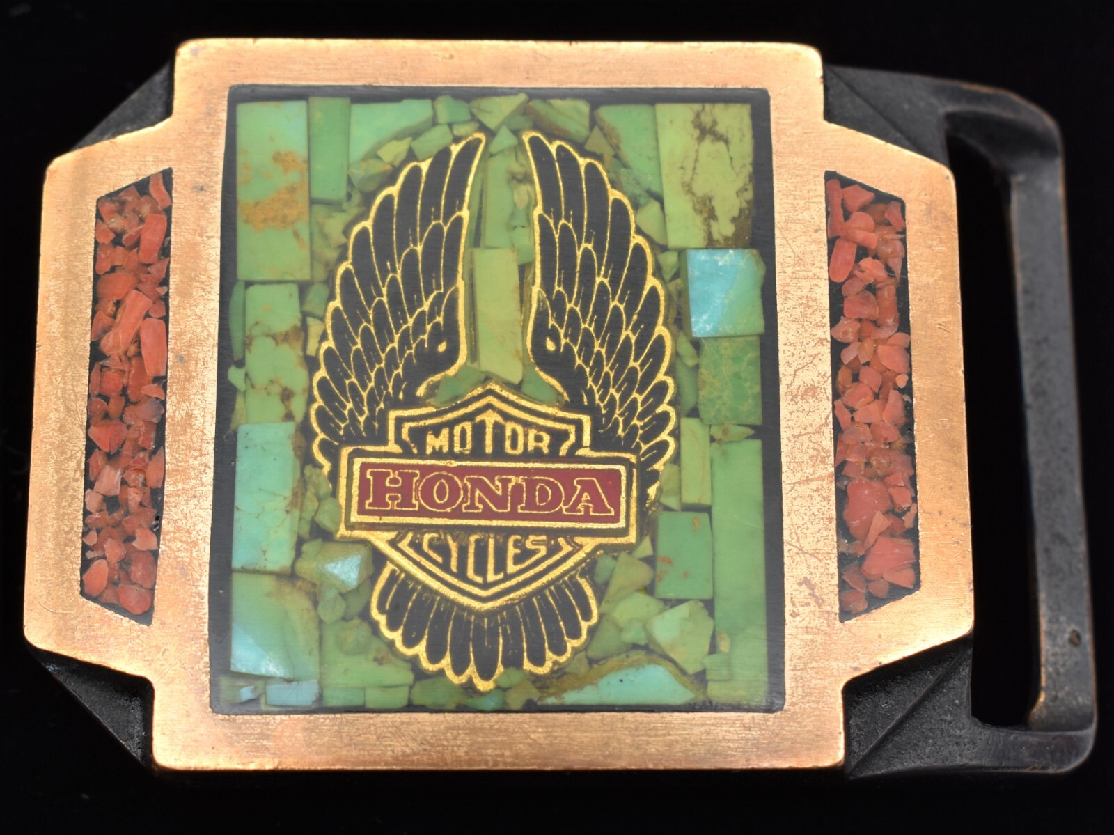 Tech Ether Guild Honda Motorcycles Solid Brass Stone Inlay Vintage Belt Buckle