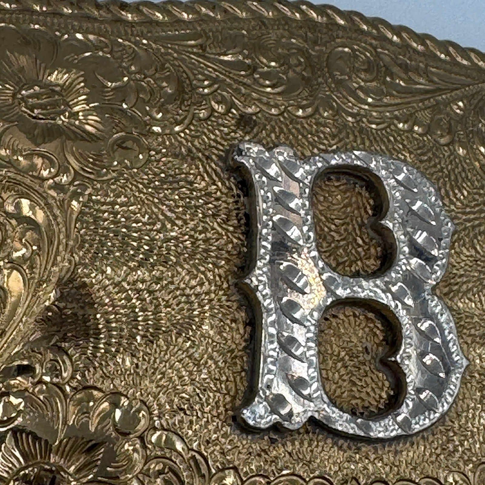Crumrine El Arturo Bronze Western Belt Buckle Floral Engraved Initial B Vintage