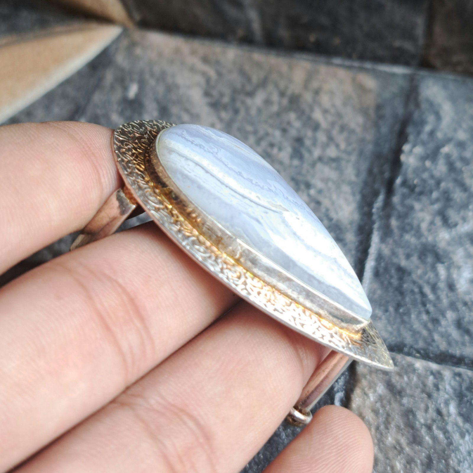 Blue Lace Agate Teardrop Silver Plated Belt Buckle Soft Lavender Banded Unisex