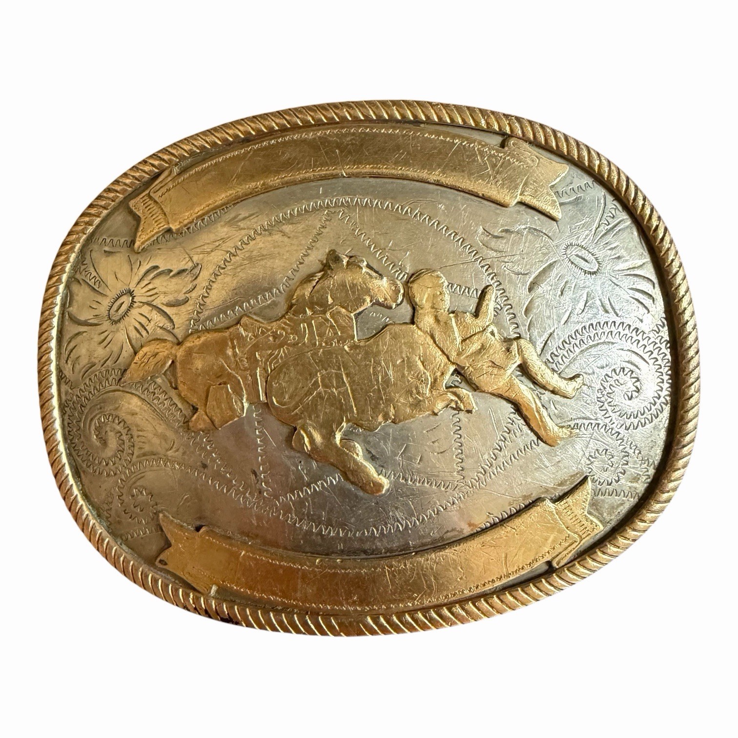 Vintage Western Cowboy Calf Roping Bull Rider Rodeo German Silver Belt Buckle