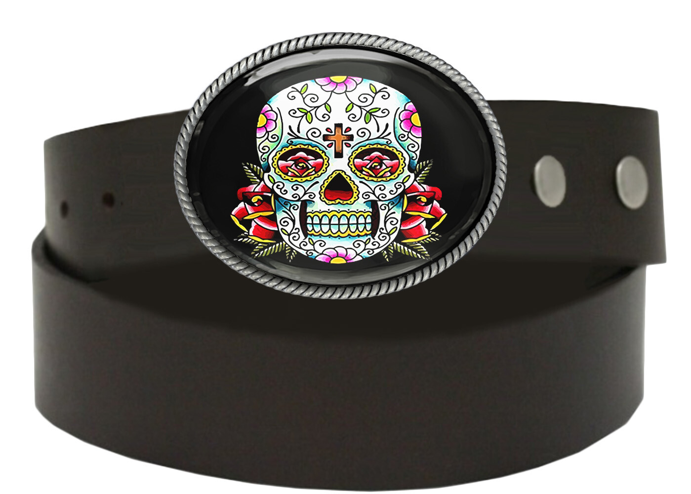 Day of the Dead Sugar Skull Silver Oval Halloween Handmade Belt Buckle – 55