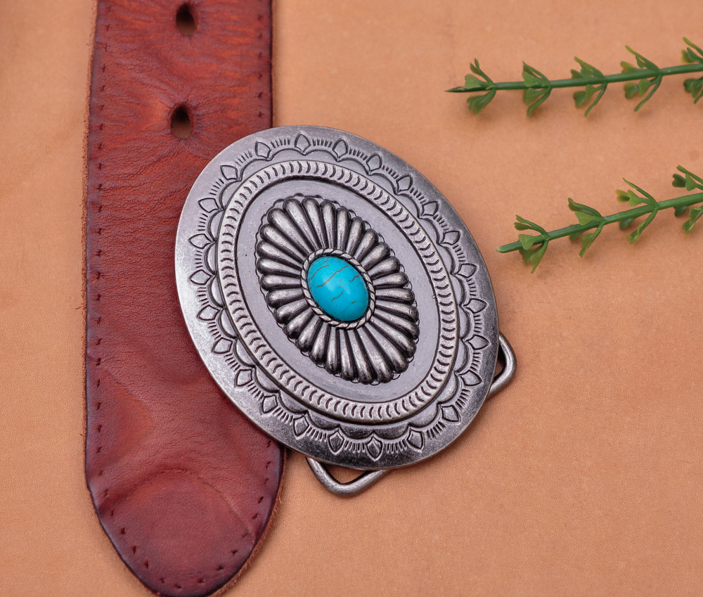Vintage Charm Southeast Indian Ethnic Flower Turquoise Leather Belt Buckle Huge