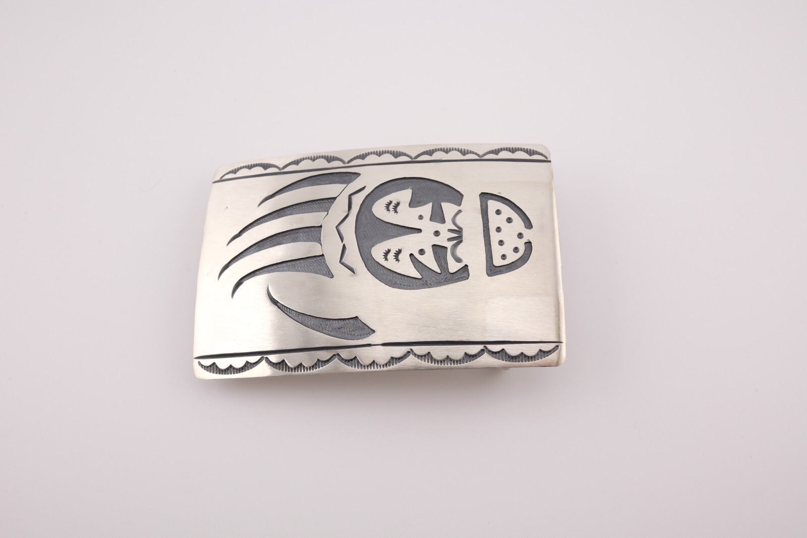 Navajo Belt Buckle Sterling Silver Bear Paw Overlay Signed Handmade Jewelry**