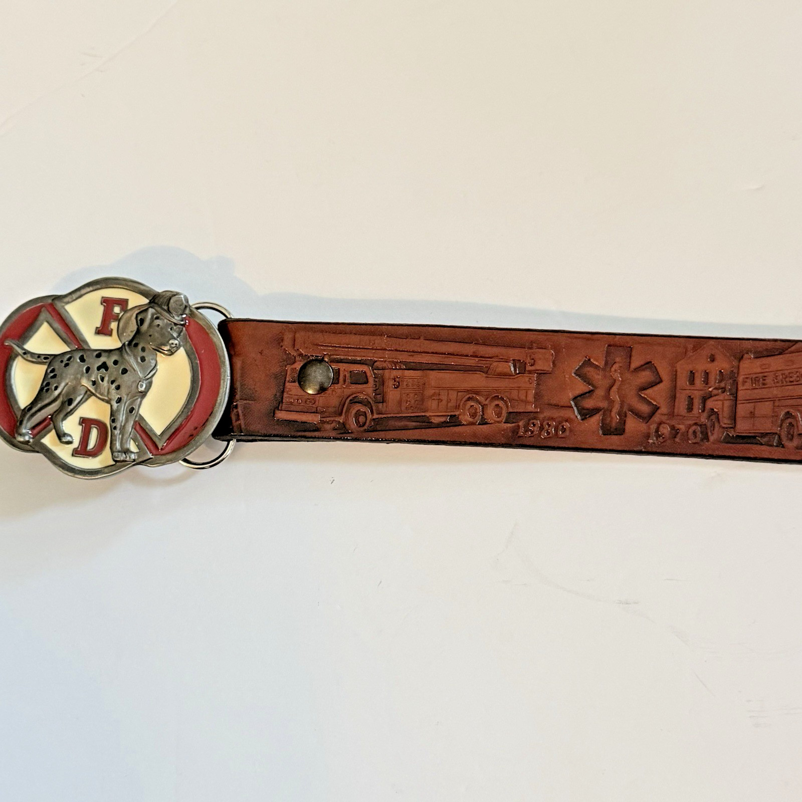 Vintage Dalmatian Belt Buckle W/ Firemen, EMTs & Fire Trucks Leather Belt XL