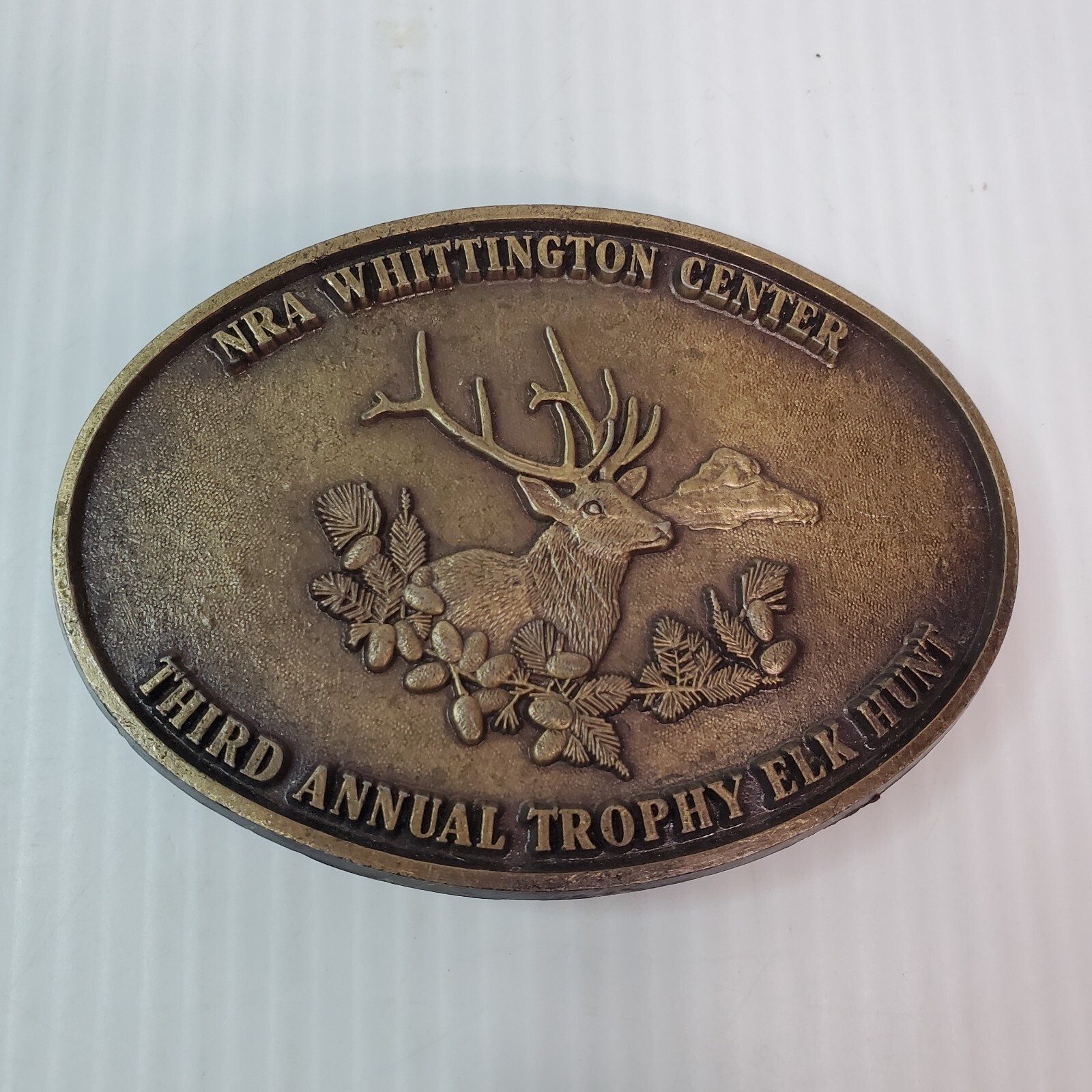 NRA 3rd Annual Trophy Elk Hunt Whittington Center Belt Buckle 3.5×2.5&Prime; VTG