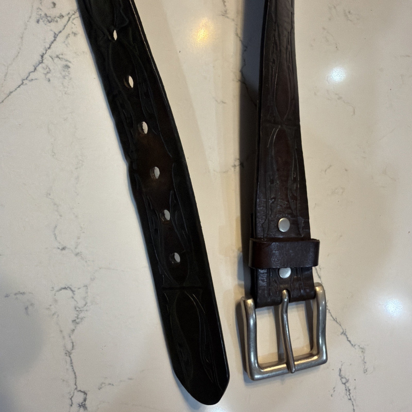 Levi’s Brown/Black Leather Tooled Western Belt Silver Buckle Men&rsquo;s Cowboy