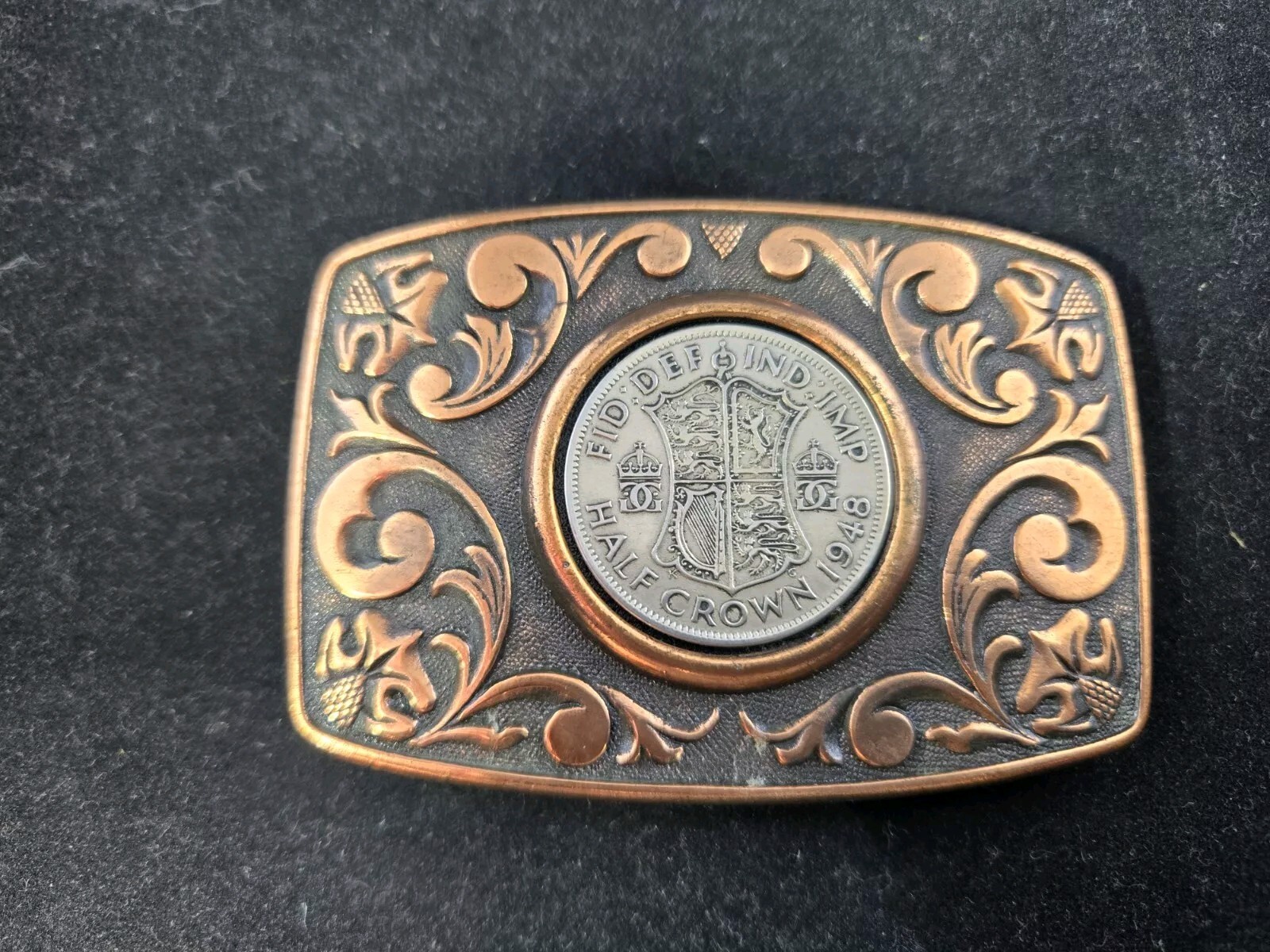 Vintage Collectible Copper-Color Belt Buckle – UK Half Crown 1948 Coin Insert