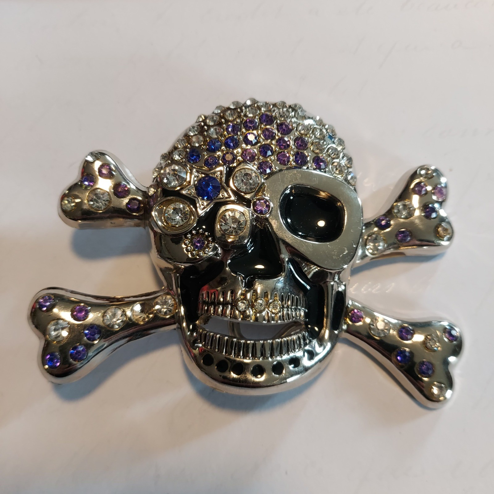Silver Rhinestone Skull and Crossbones Belt Buckle Purple Blue Crystals 4×3