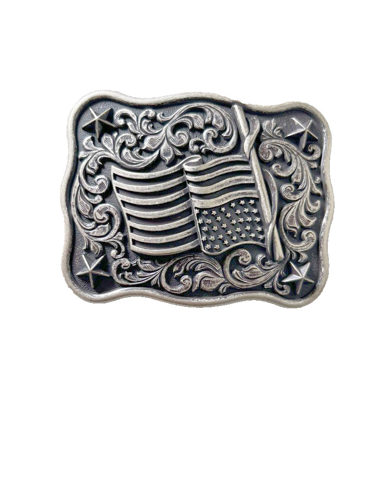 Nocona Mens Belt Buckle 3.75 x 3 in US Flag Star Western Matte Black Silver 1.5