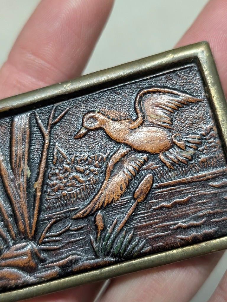 1970s vintage TOOLED belt buckle HANDCRAFTED leather DUCKS hunting WESTERN brass