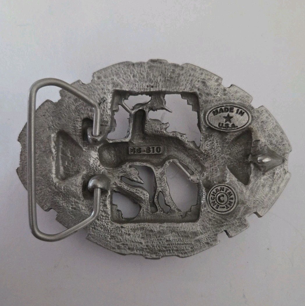 Metzke Vintage Diamond Cut Pewter Man Riding Horse Pewter Belt Buckle