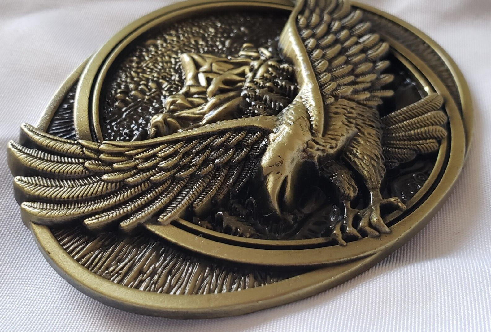 Bald Eagle Soaring 3D Image Aluminum Belt Buckle Golden Aged Bronze Color