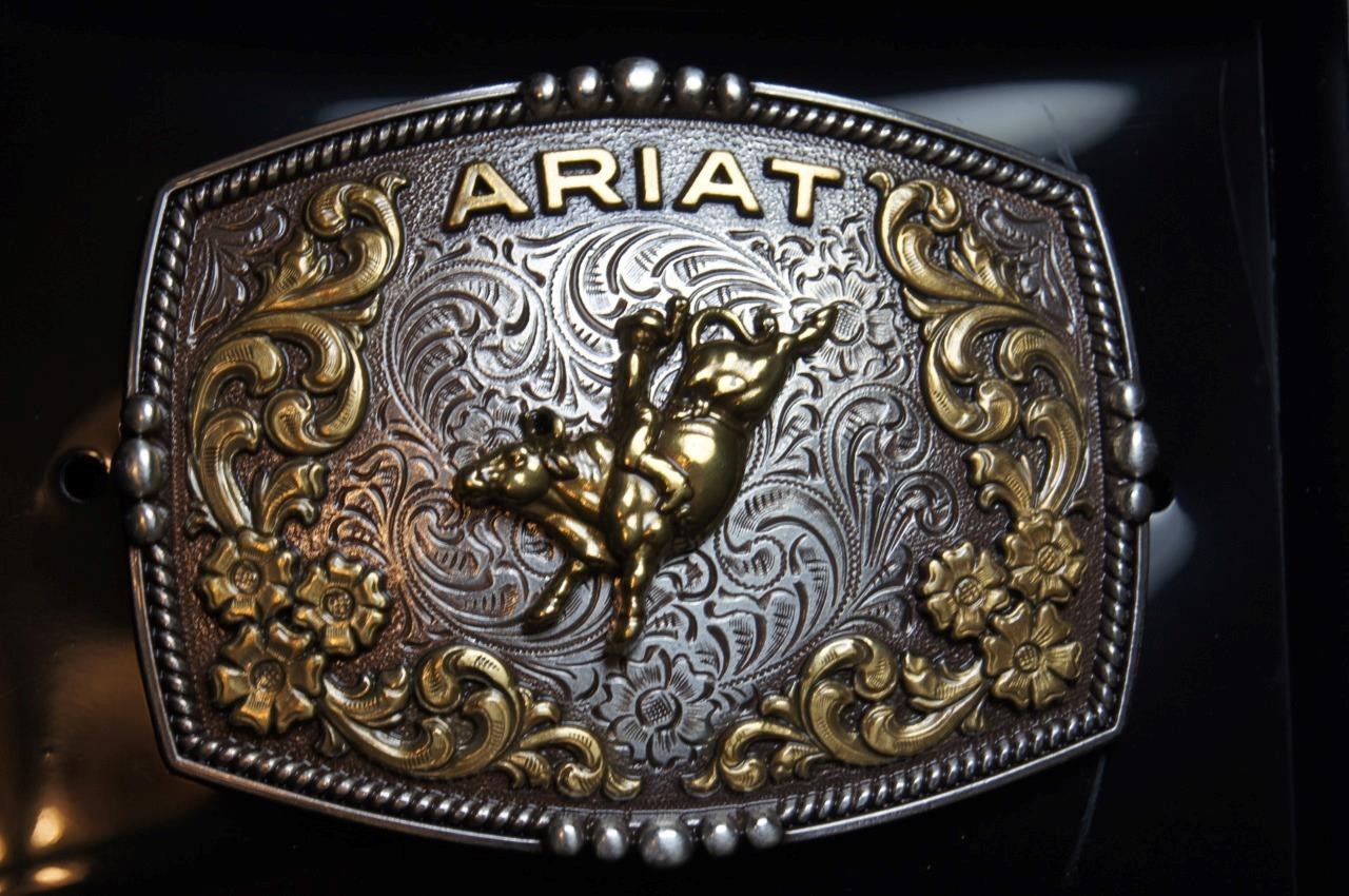Ariat Western Belt Buckle Bull Rider Logo Silver & Gold tone A37065