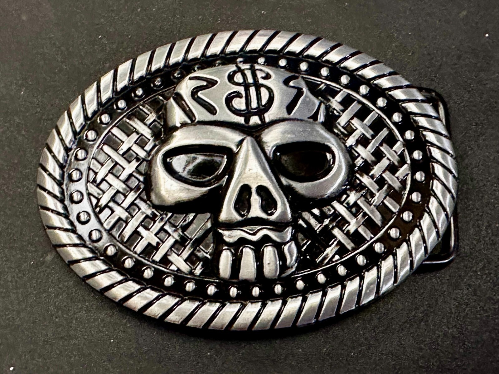 Skull Head $ Dollar Sign Black Silver Color Money Bags NOS Belt Buckle
