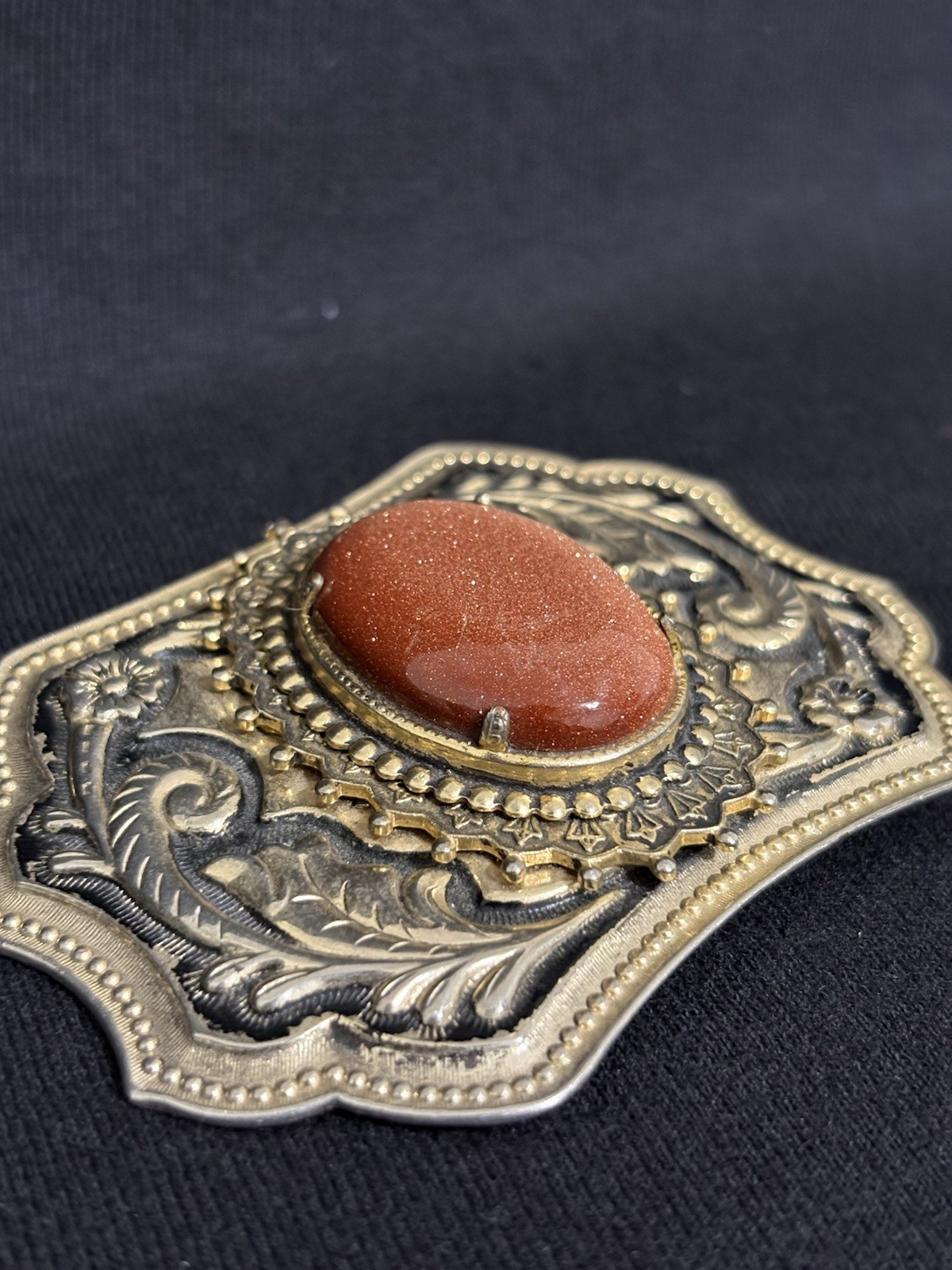 Vintage Western Goldstone Belt Buckle Ornate Floral Engraved Cowboy Rodeo Wear