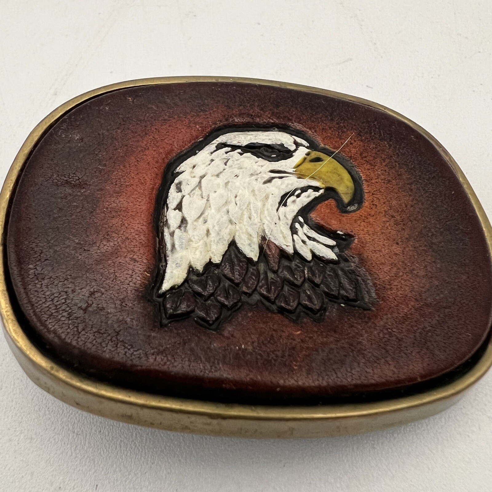 Vintage Tooled Leather Eagle and Brass Belt Buckle Baron Buckles 1983