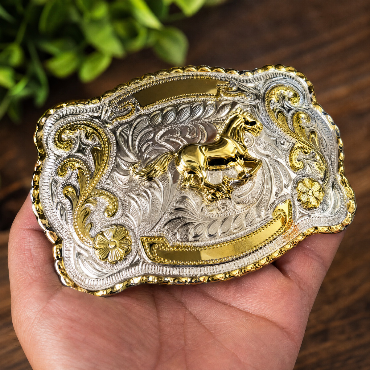 Gold Horse Belt Buckle Mens Western Cowboy Rodeo 40mm Large Silver Engraved