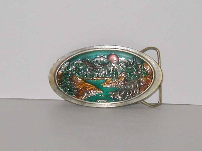 C+J Alaska Belt Buckle Made USA C&J 1987 Multi Colored Eagle Elk Denali Sun
