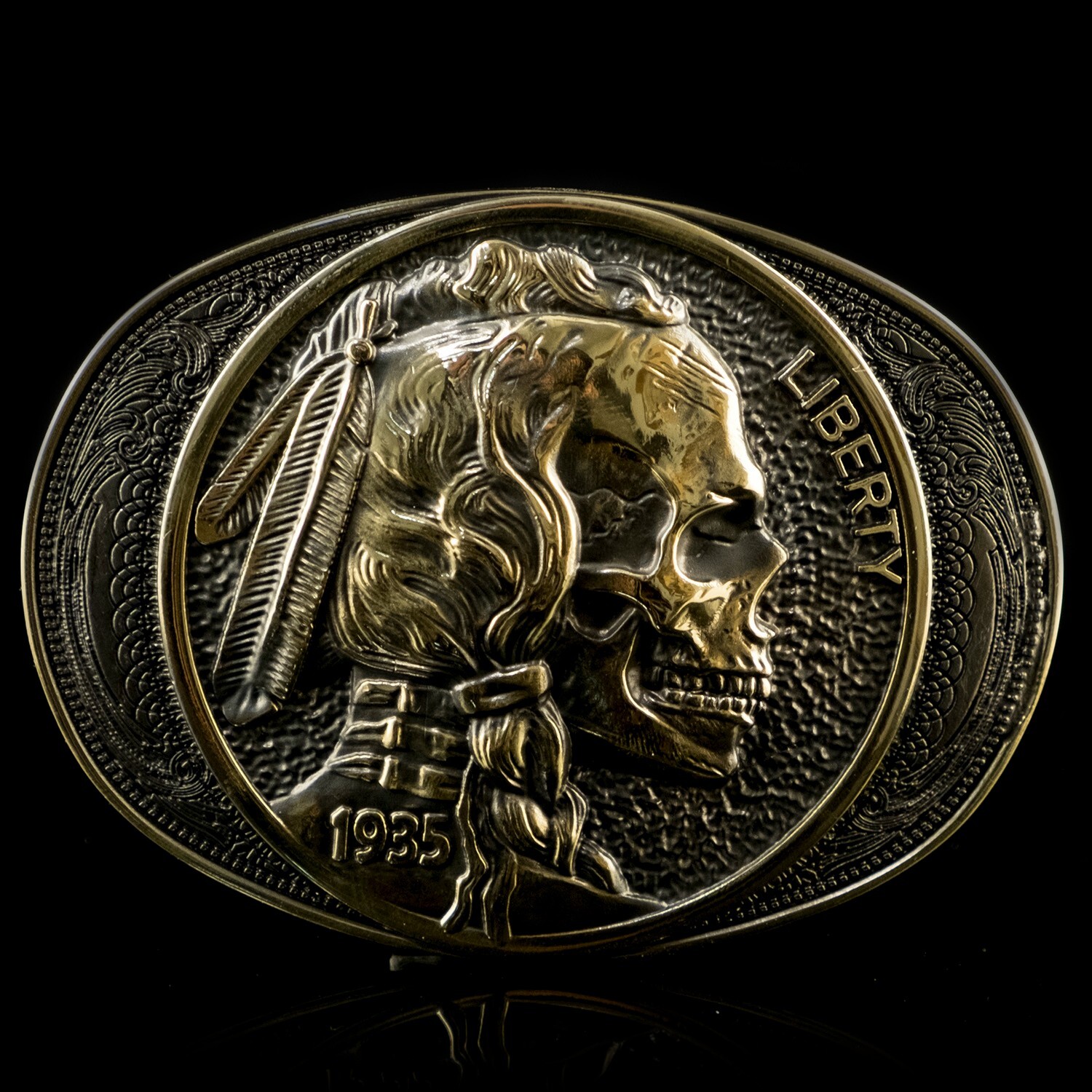 Indian chief skull brass, belt buckle, Liberty 1935 coin, Chief Indian head