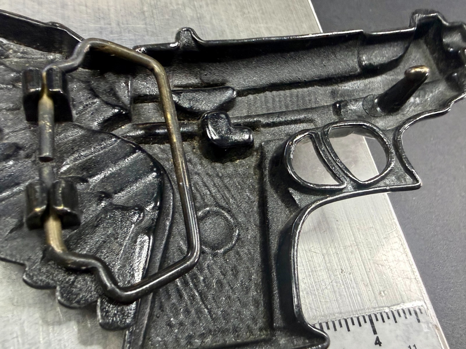 Winged Gun Flying Pistol Handgun Figural Cutout Brass Tone Large Belt Buckle