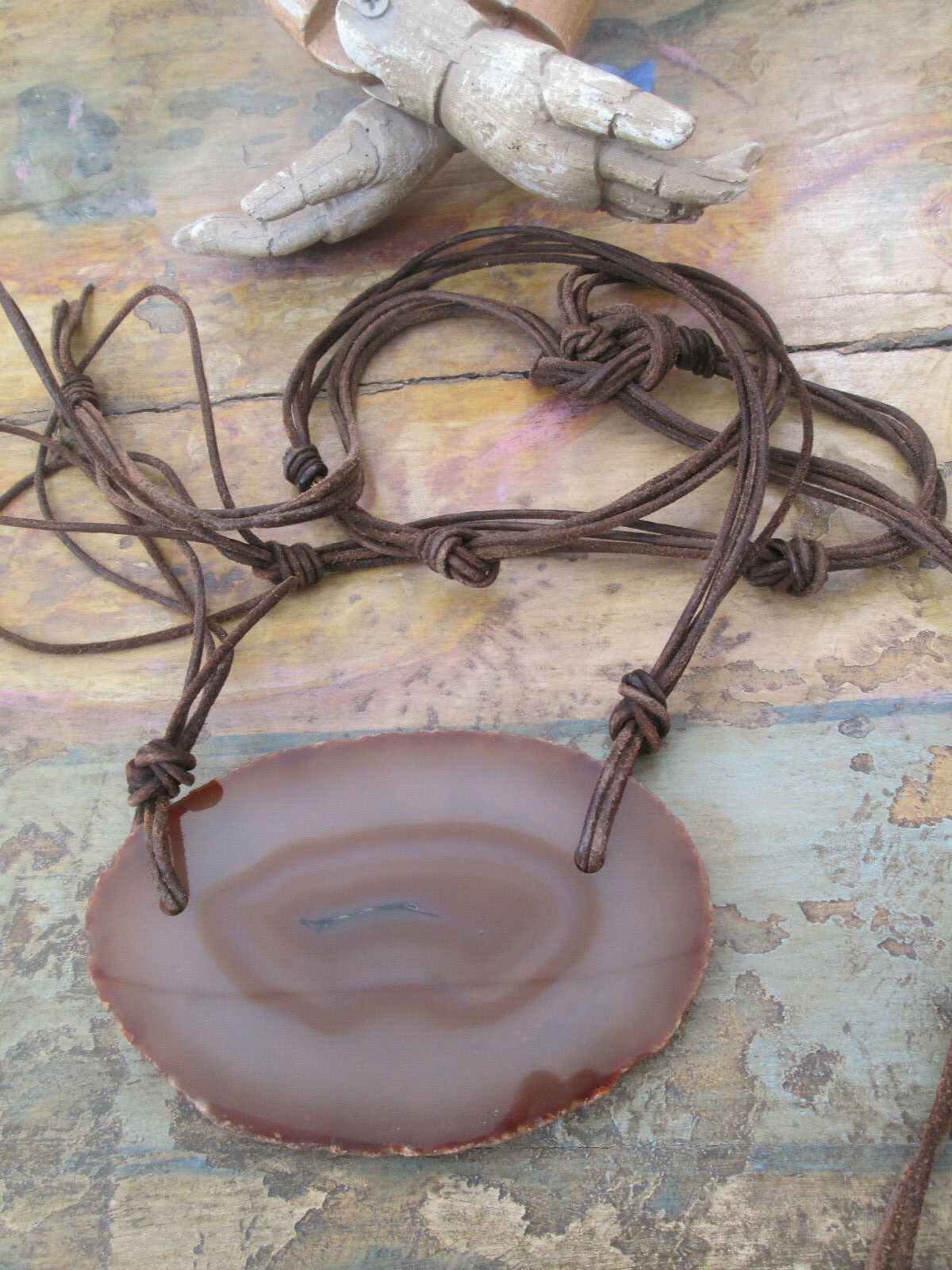 Brazilian Agate Slab Brown Geode and Brown Leather Boho Belt (or Necklace)
