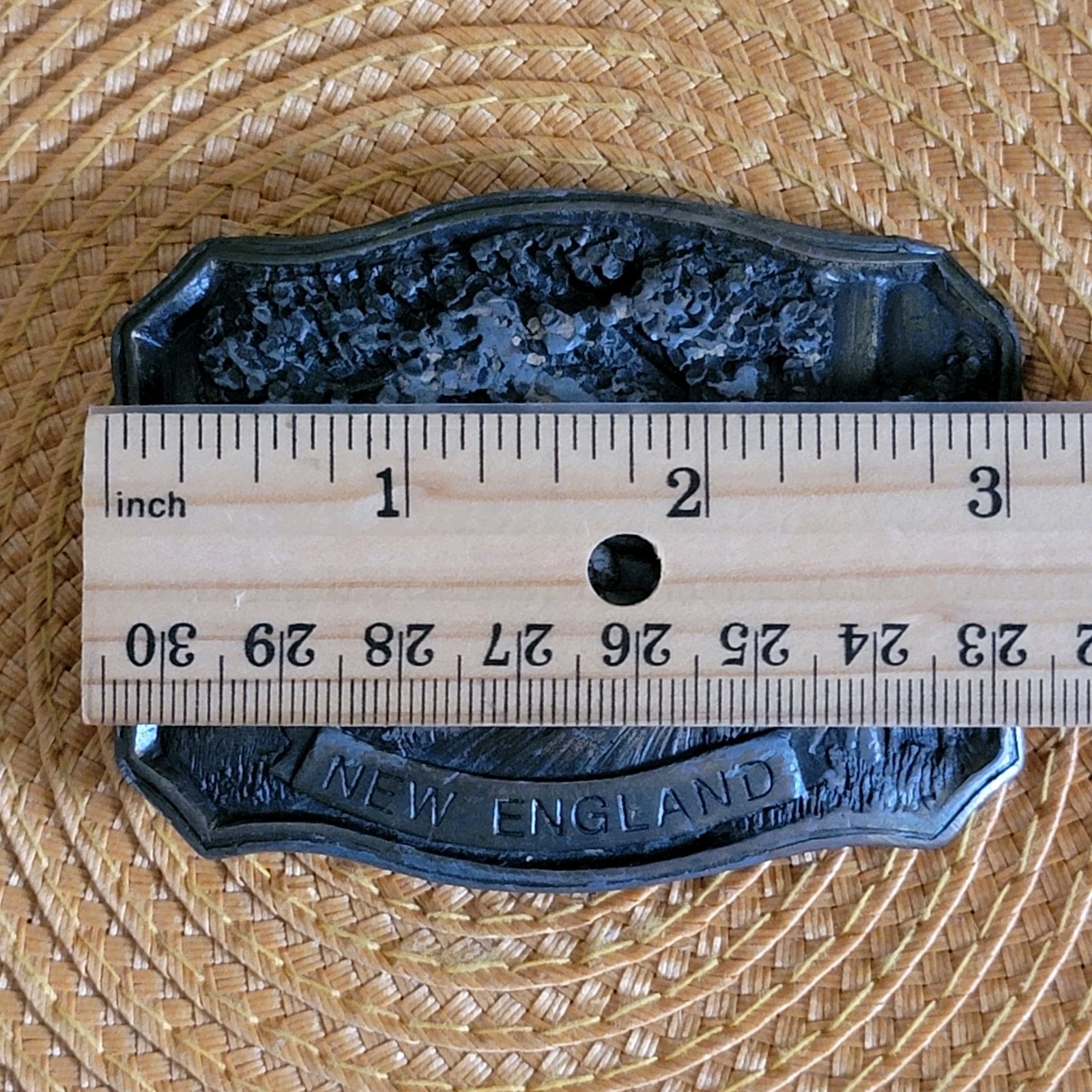 VTG New England Antiqued Brass Belt Buckle Embossed Country Road Indiana Metal