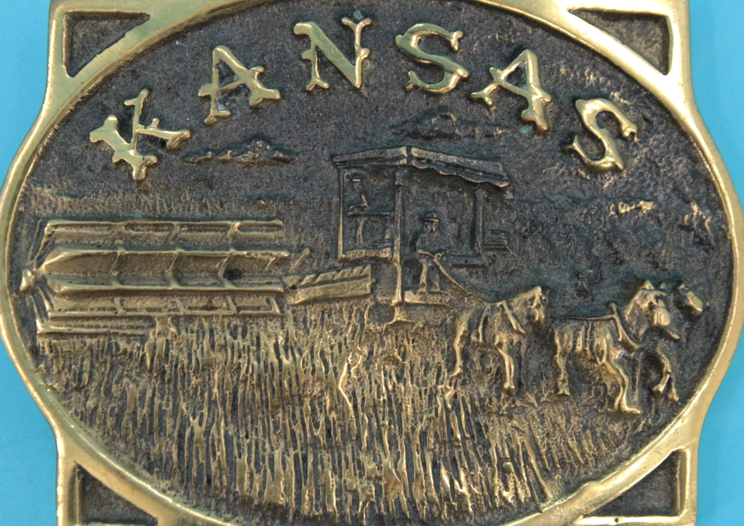 VTG 80s Kansas Wheat Farmer Commemorative Brass Belt Buckle Combine Horses
