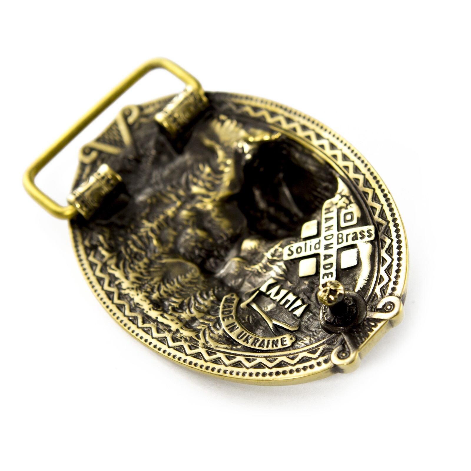 Brass belt buckle « 3D Klamra », Skull buckle, Ukrainian Molfar, Logo Klamra