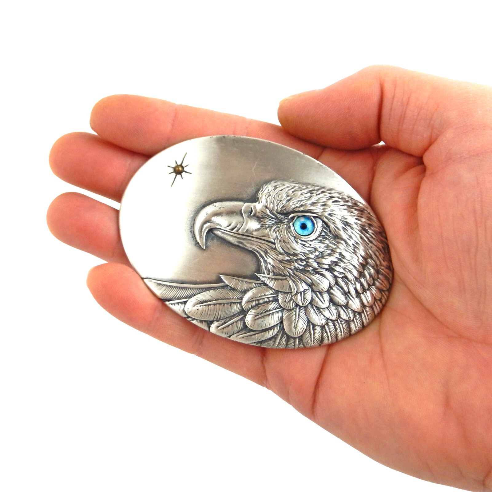American Eagle Belt Buckle Real Silver Plated Blue Eyed Fits Belts 1.5&Prime;