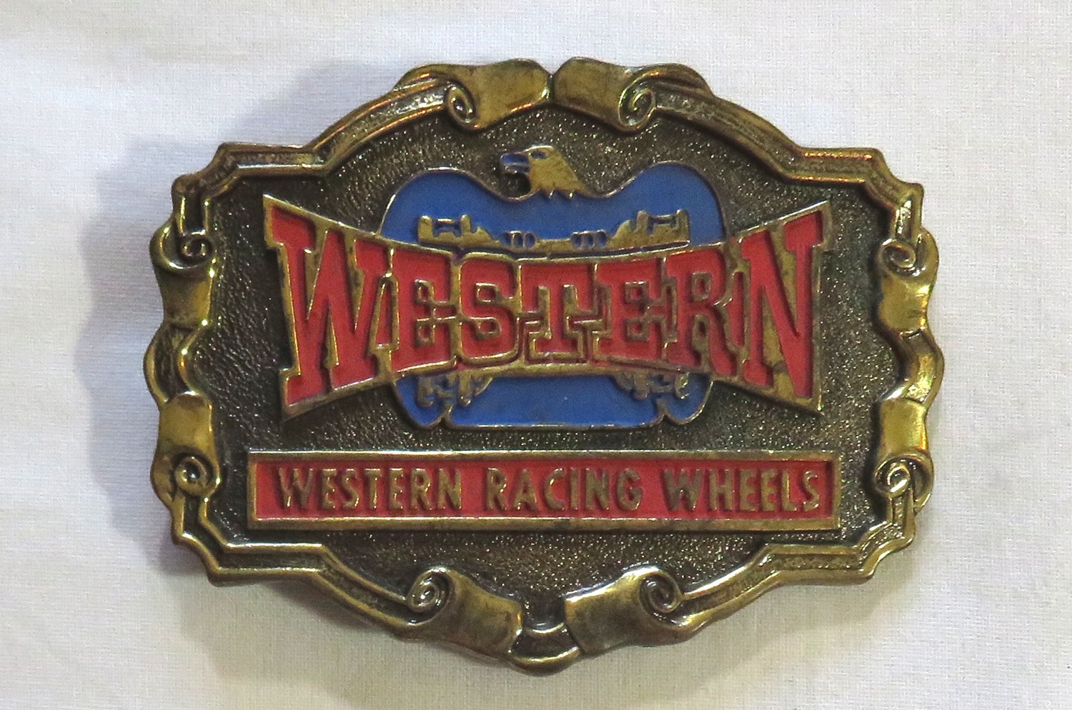 Vintage 1980&rsquo;s Belt Buckle Western Racing Wheels