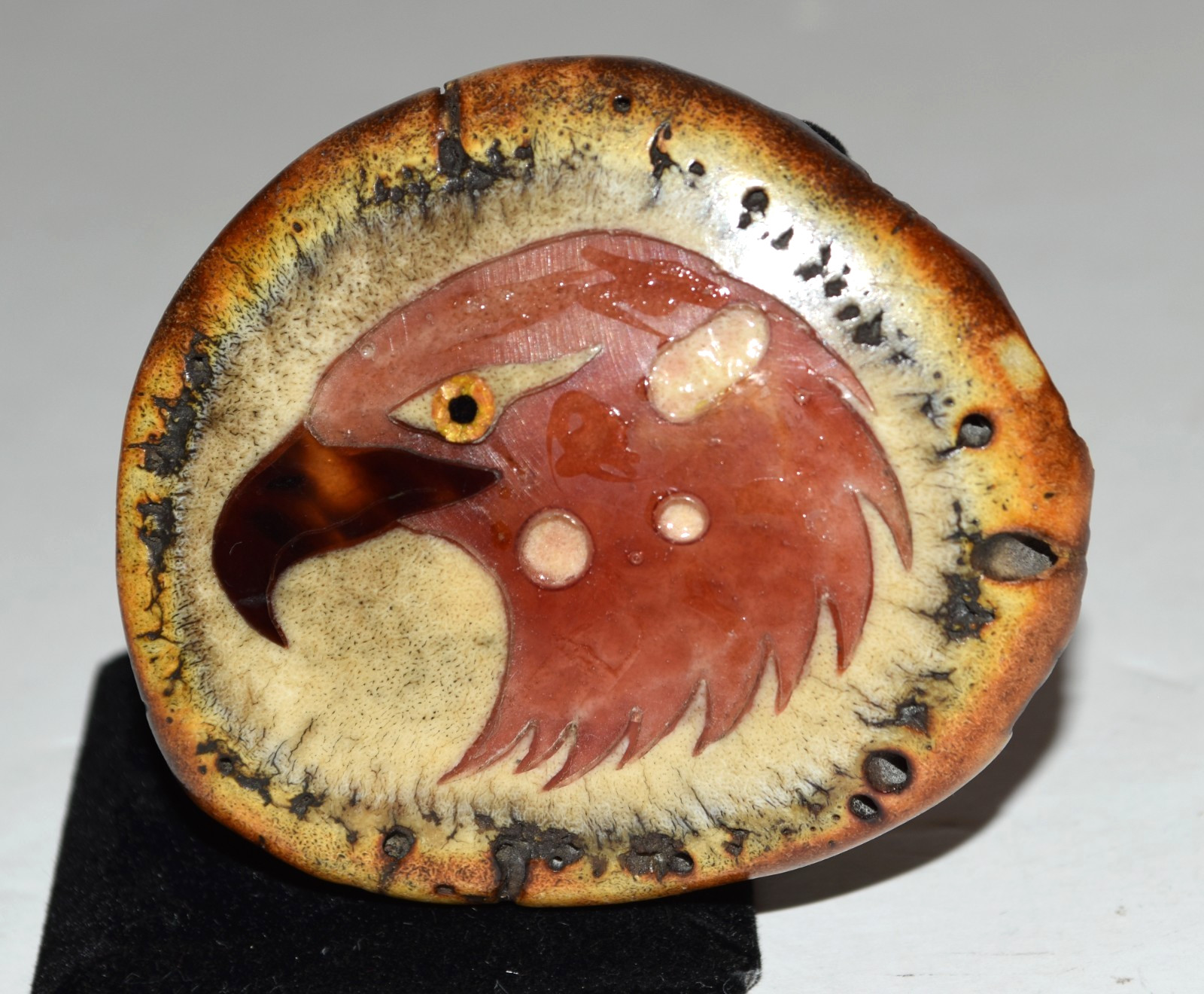 Vtg 1983 Signed Western Elk Antler Burr Hand Craved Shell Eagle Head Belt Buckle