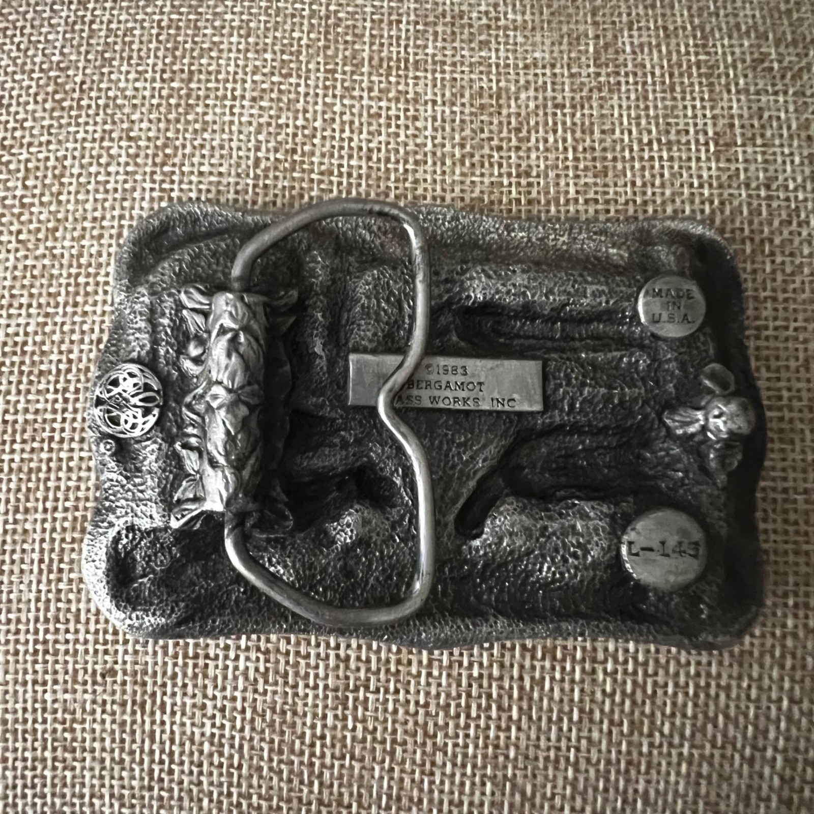 Vintage 1983 Bergamot Brass Works Cow Barn Farm Belt Buckle Pewter Size Farmcore