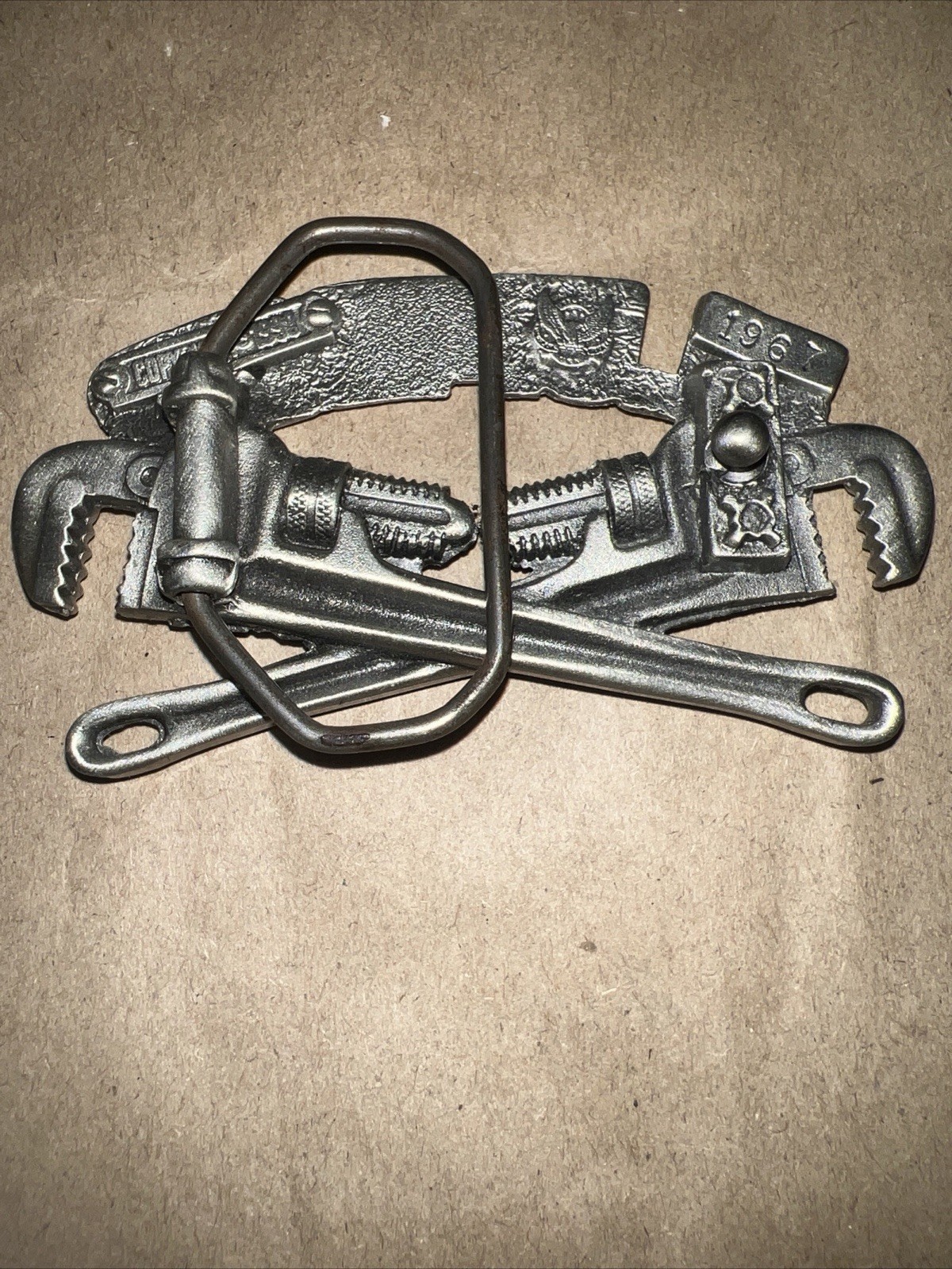 Plumber Metal Belt Buckle Red Blue Antique Finish Vintage Occupational 1967