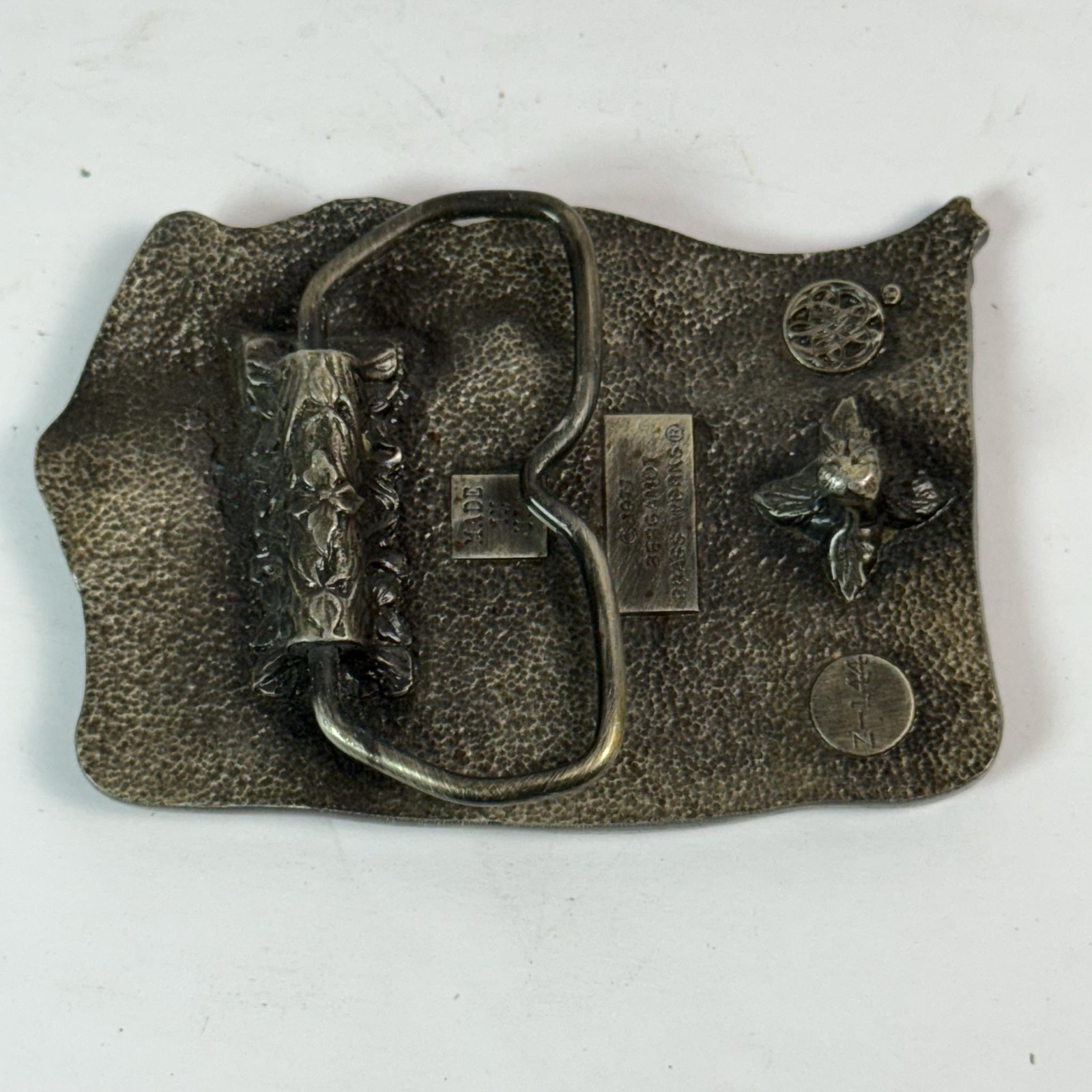 Vintage Bergamot Brass Works Belt Buckle Silver Ducks Pewter 1977 USA Hunting