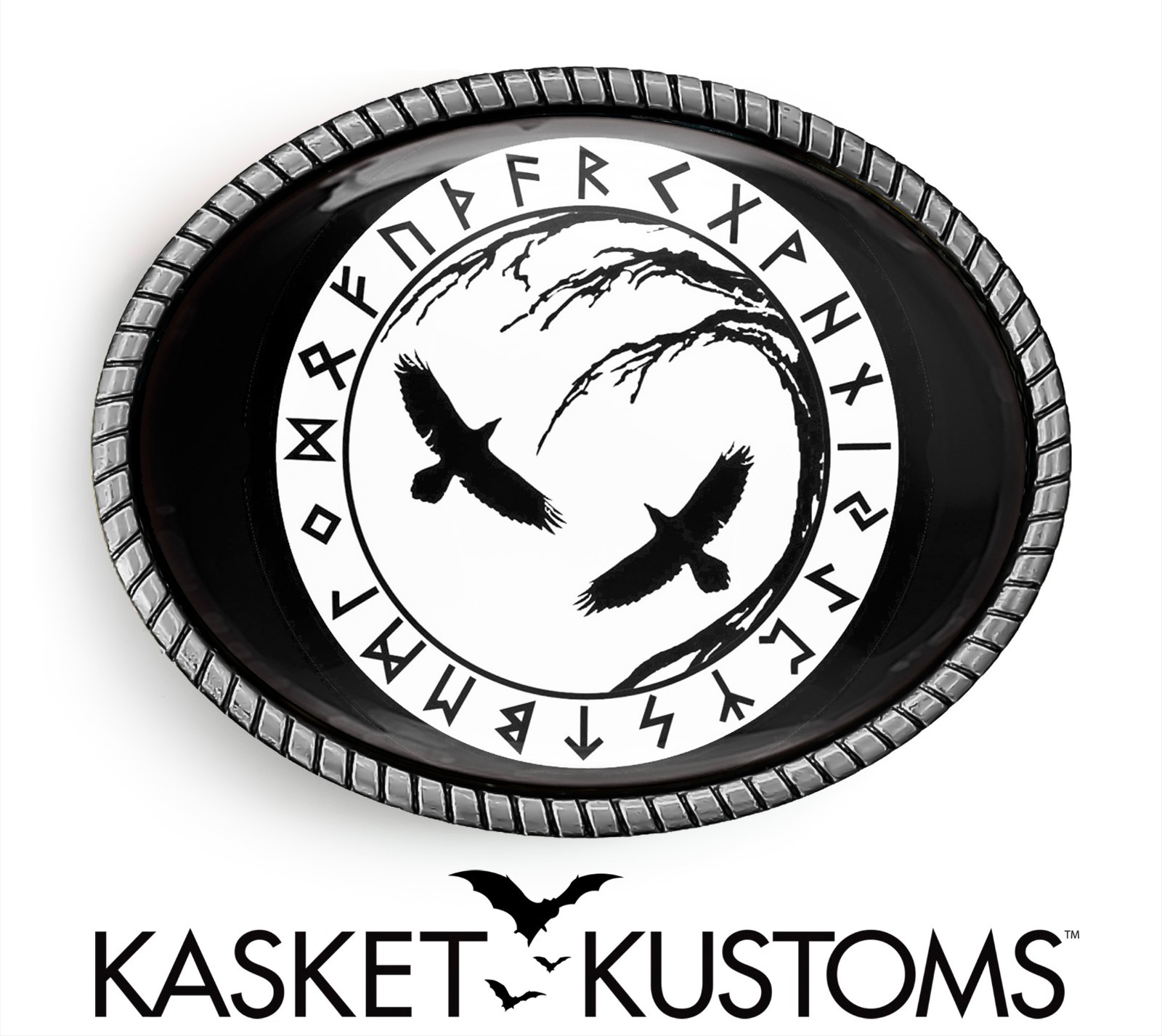 Odin Raven Rune Belt Buckle – Black and White Pagan Script, Celtic Oval Buckle