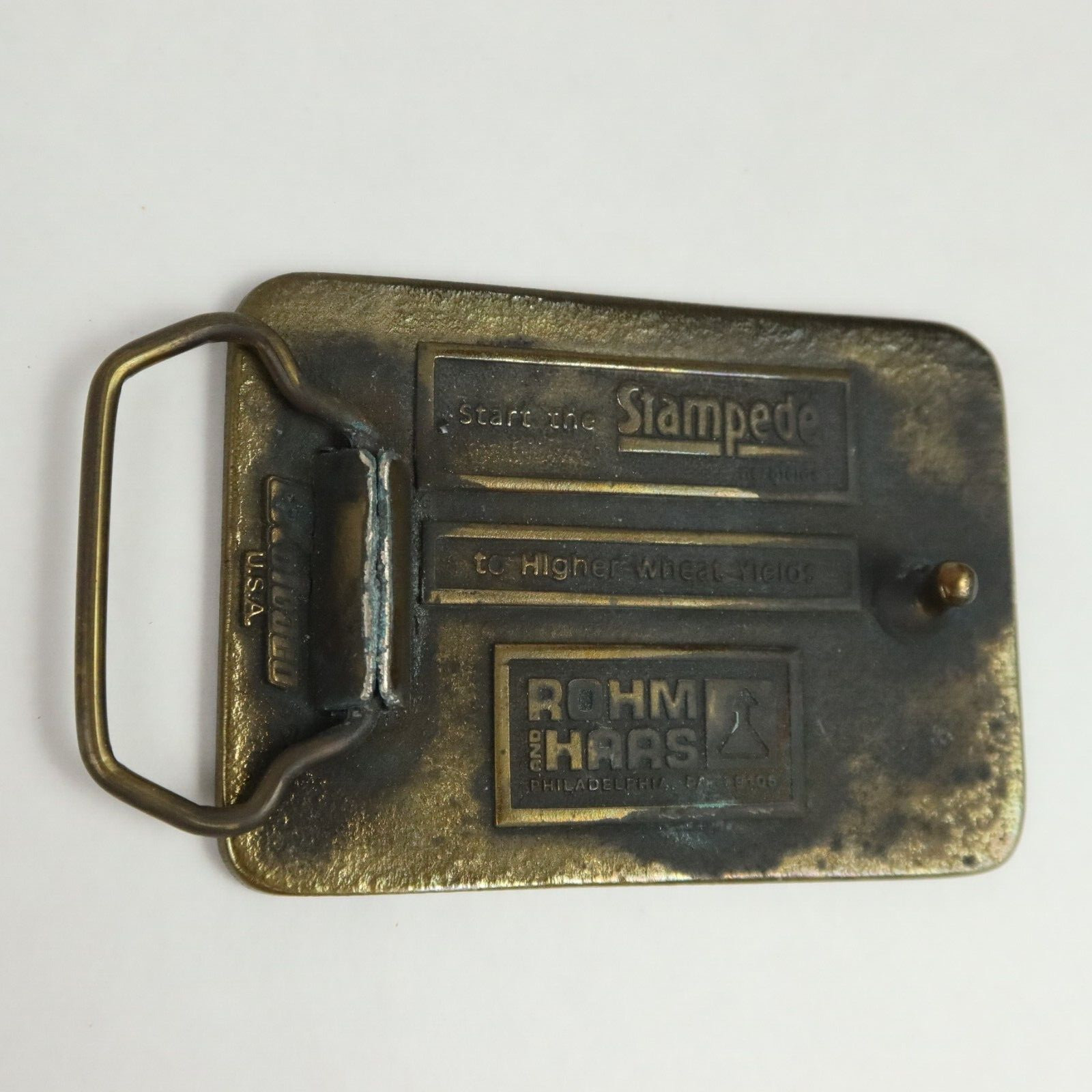 Vintage Stampede Spring Wheat Belt Buckle Farmer 70s Koleaco Rohm Haas Seed USA