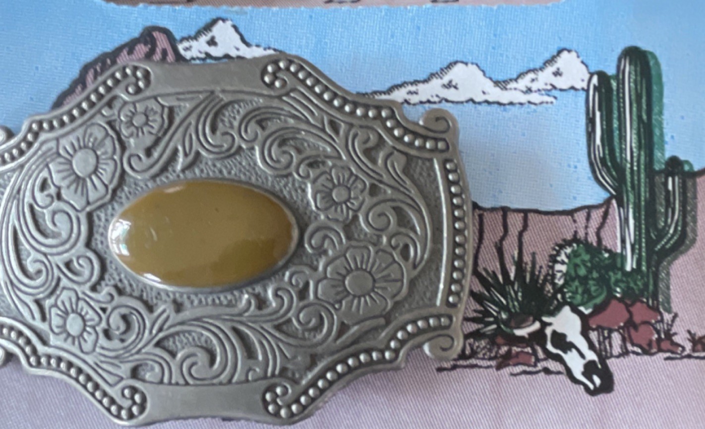 Western Floral Silver Tone Belt Buckle w/ Yellow Oval Stone Fits 1.5in