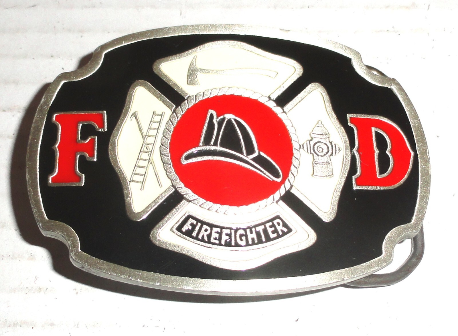 Buckle Bakery FD Firefighter Pure Pewter & Enamel Belt Buckle with Clip #1670