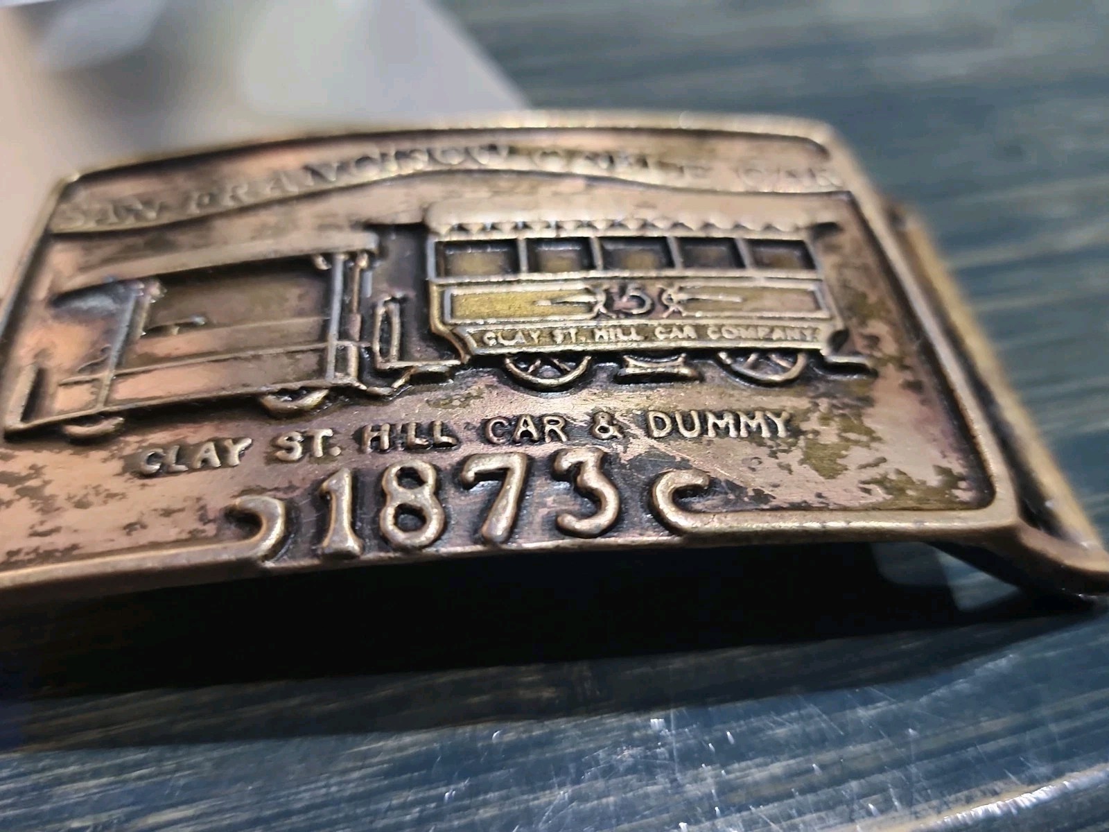 Vintage Brass Belt Buckle San Francisco Cable Car Clay St Hill Car & Dummy 1873