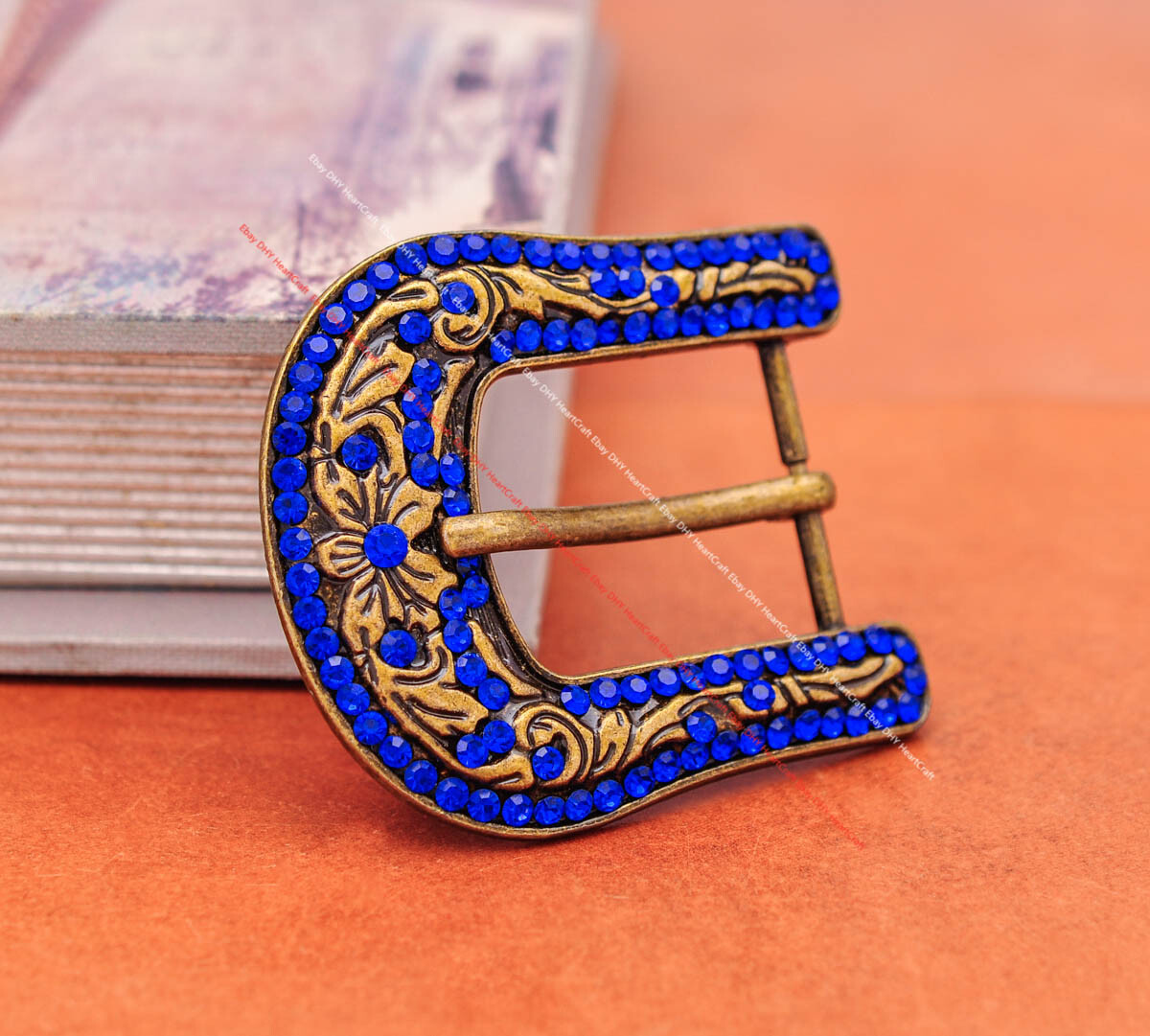 Brass Blue Crystal Rhinestone Western Floral Belt Buckle Set Fit 30MM Strap