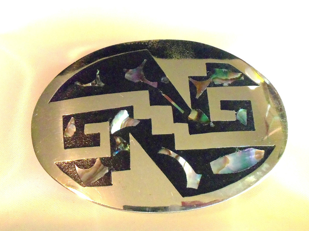 MEXICO Signed ABALONE MOTHER OF PEARL OVAL BELT BUCKLE VINTAGE