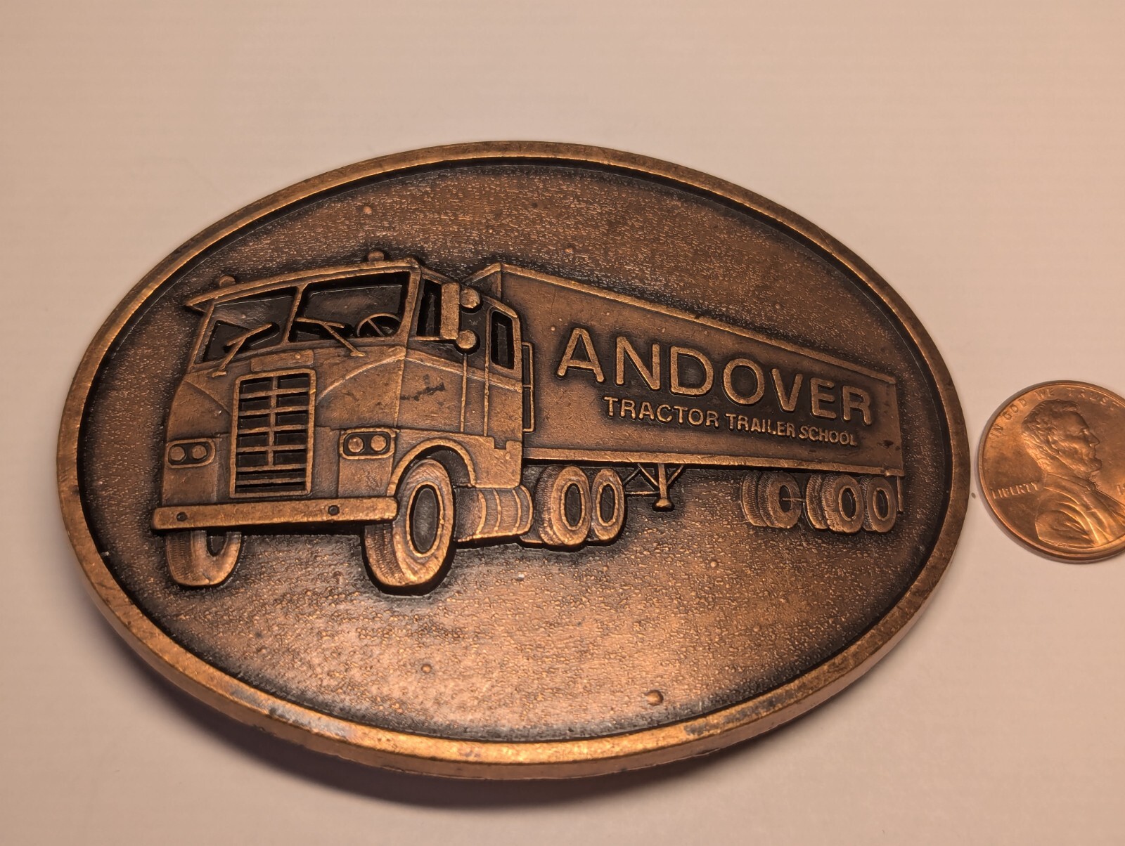 VINTAGE ANDOVER TRACTOR TRAILER SCHOOL BELT BUCKLE