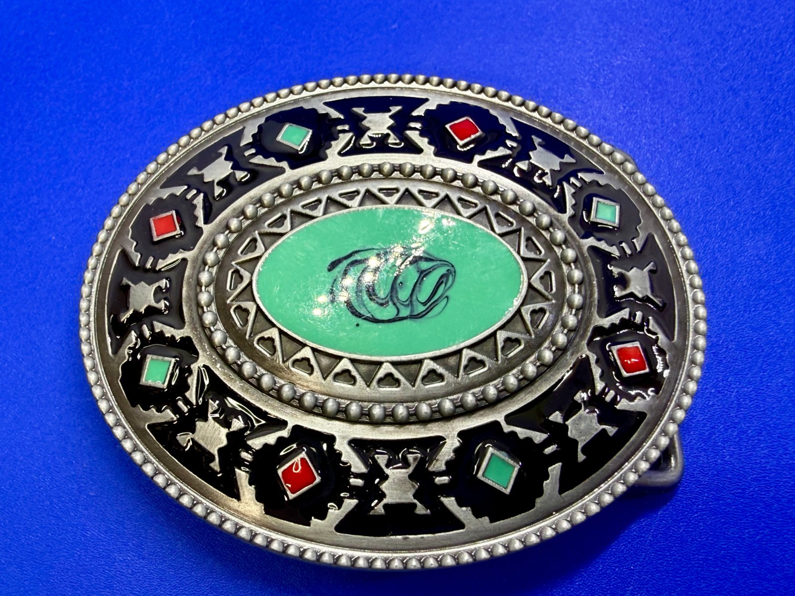 Southwestern Tribal Pattern Blue Red Enamel Colored Belt Buckle in New Condition