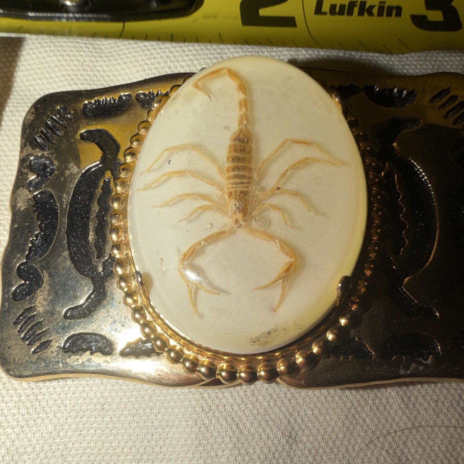 Vintage 1980s Gold Tone Western Belt Buckle Scorpion Cameo Cowboy Unisex