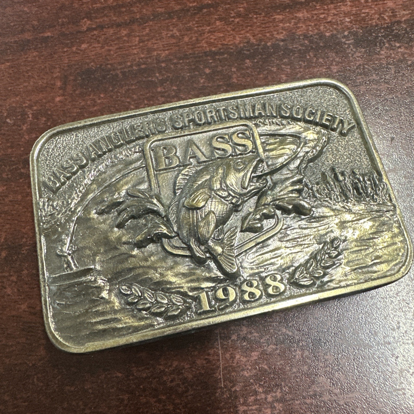 Vintage 1988 BASS Bass Anglers Sportsman Society Brass Belt Buckle USA Made 3×2&Prime;