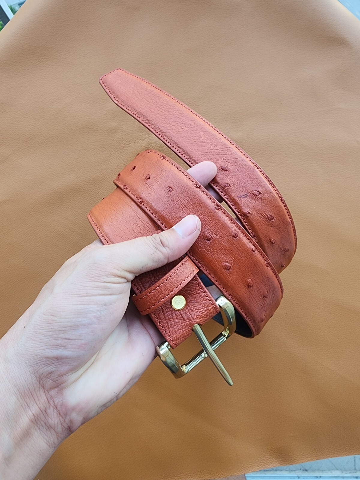 3.8CM Brown 100% Genuine Body Ostrich Leather Skin Men Belt Buckle- Handmade