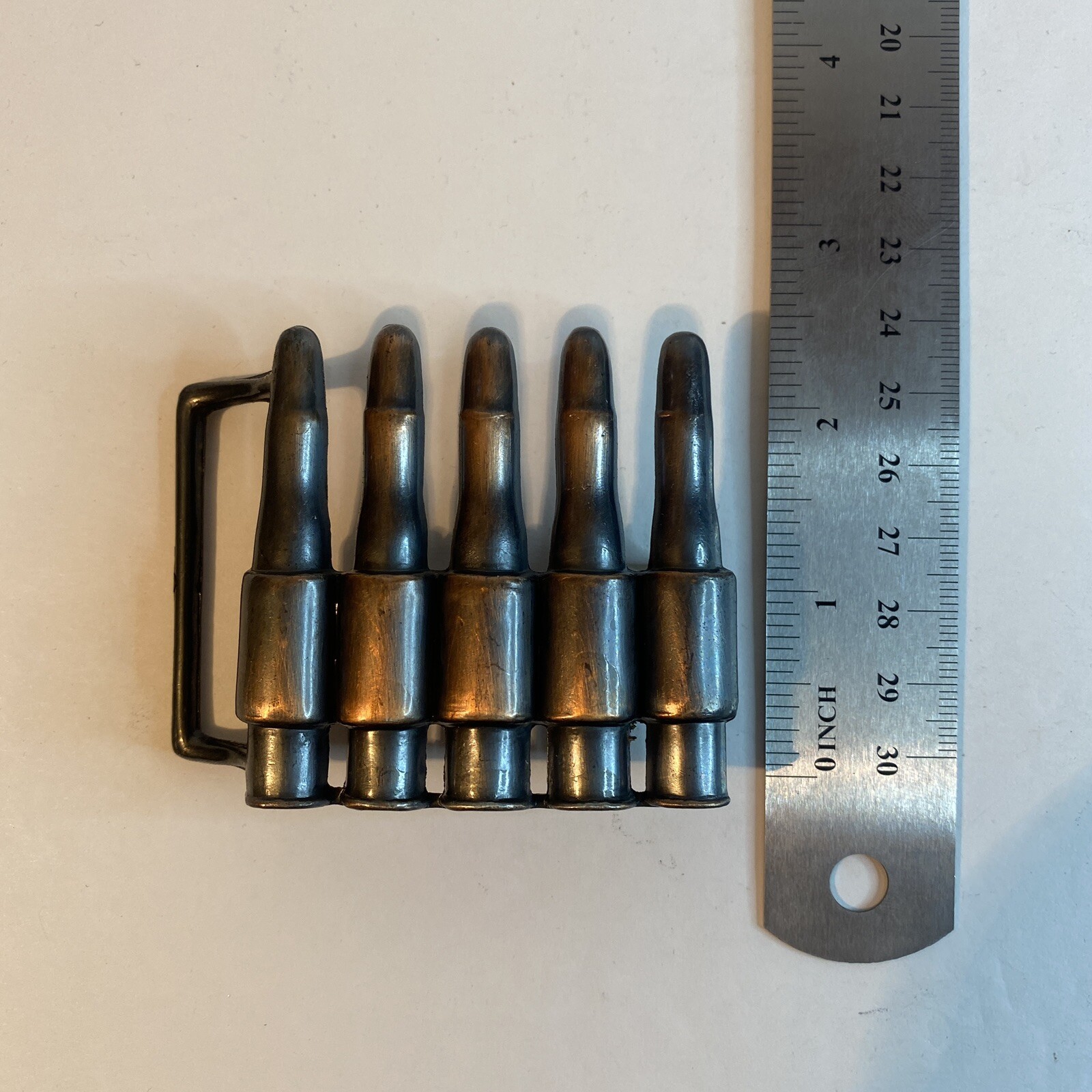 Metal bullet belt buckle copper tone gun ammunition design NEW