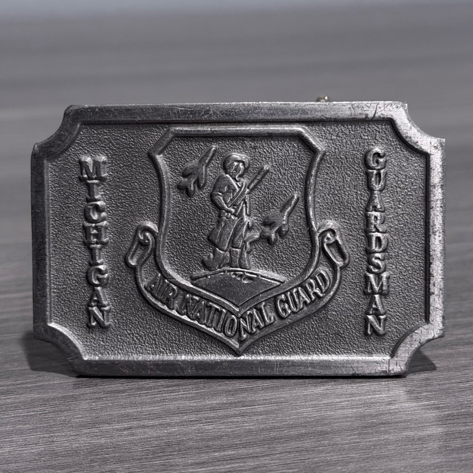 Vtg Michigan Air National Guard Belt Buckle Hit Line USA Military Silver Tone