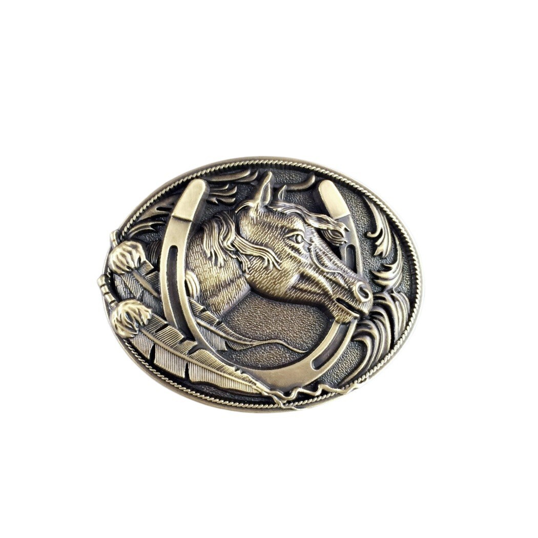 Vintage Bronze Plated Western Horse Horseshoe Oval Belt Buckle